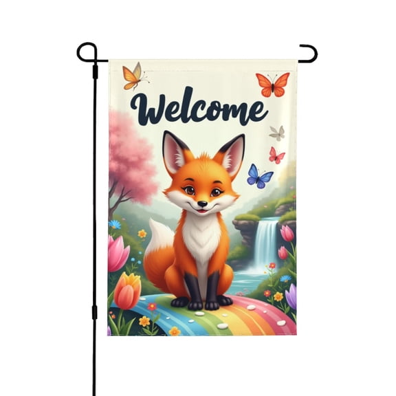 Welcome Spring Garden Flag Cute Fox On Rainbow, Double Sided 12x18 Inch Outdoor Yard Decor, Butterfly Flowers Waterfall Scene