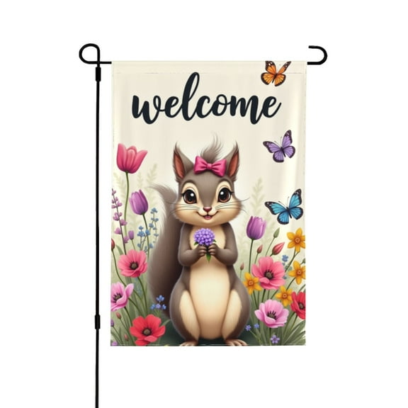 Welcome Spring Garden Flag Cute Squirrel With Flowers And Butterflies， Double Sided 12x18 Inch Yard Flag， Outdoor Spring Summer Decor， Seasonal Farmhouse Banner