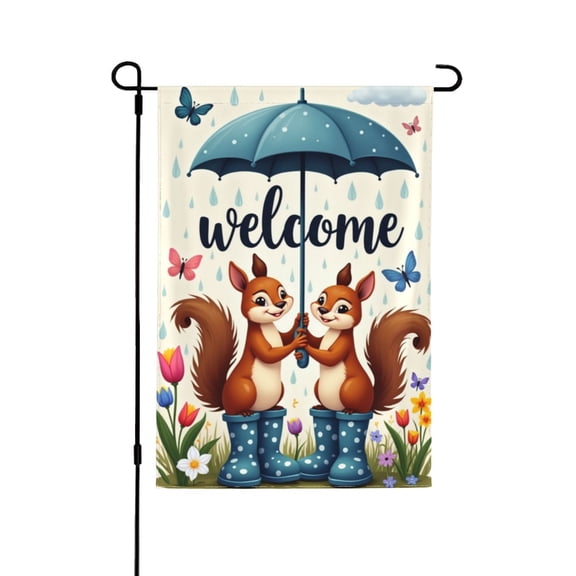 Welcome Spring Garden Flag Cute Squirrel Under Umbrella Double Sided 12x18 Inch Spring Summer Garden Yard Flag Outdoor Decor
