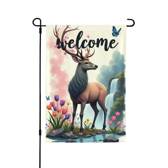 Welcome Spring Garden Flag DoubleSided Deer With Flowers Waterfall 12x18 Inch Yard Flag Outdoor Decor