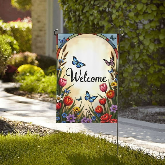 Welcome Spring Garden Flag DoubleSided Floral Butterfly Tulip Butterfly Garden Flag 12x18 Inch Outdoor Yard House Decoration Stained Glass Style Birthday Gifts for Men Women