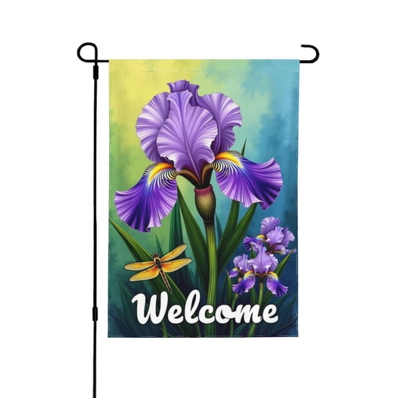 Welcome Spring Garden Flag DoubleSided Iris Flowers & Dragonfly Design, 12x18 Inch Outdoor Yard Decoration, Seasonal Farmhouse Décor, Beautiful Floral Patio Banner