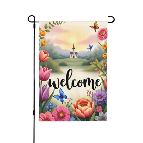 Welcome Spring Garden Flag Floral Church Sunrise Landscape， DoubleSided 12x18 Inch Yard Flag， Seasonal Outdoor Decoration， Butterfly， Tulip， Farmhouse Decor