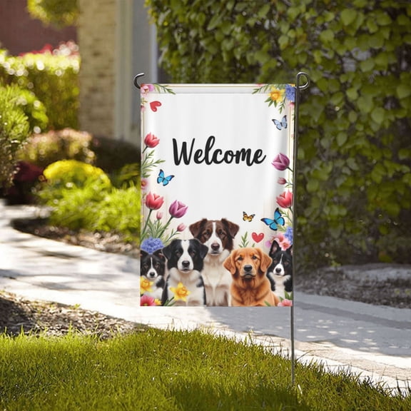 Welcome Spring Garden Flag Floral Dogs Double Sided 12x18 Inch Yard House Flag Outdoor Decor Butterflies Flowers Border Collie Golden Retriever