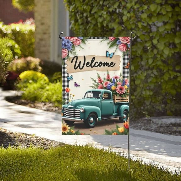 Welcome Spring Garden Flag Floral Truck Butterflies DoubleSided 12x18 Inch Yard Flag Farmhouse Outdoor Dcor Seasonal Spring Summer Decoration