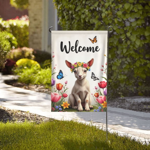 Welcome Spring Garden Flag Goat With Flower Crown Double Sided 12x18 Inch Butterfly Floral Spring Summer Yard Flag Outdoor Decor