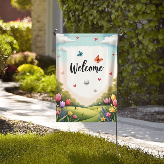 Welcome Spring Garden Flag Golf Course Theme DoubleSided 12x18 Inch Outdoor Yard Decor Floral Butterflies Golf Ball Design Seasonal House Flag Spring Summer Decoration