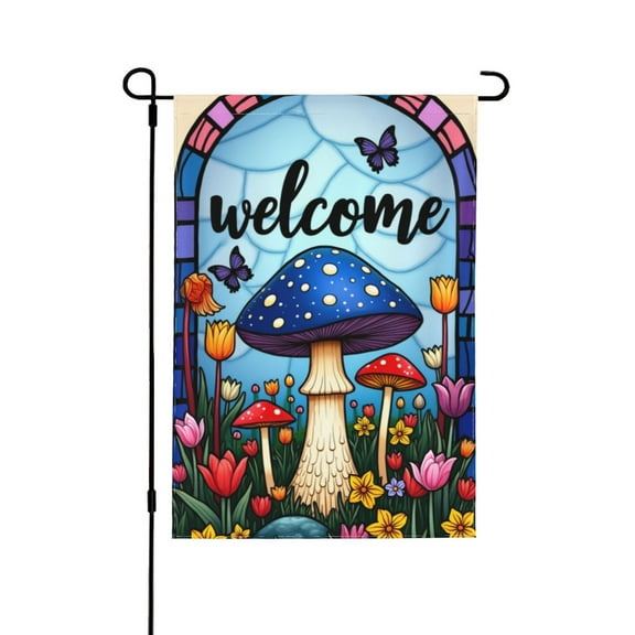 Welcome Spring Garden Flag Mushroom & Flowers Double Sided 12x18 Inch Outdoor Yard Decor, Stained Glass Style, Butterfly, Tulip, Farmhouse, Seasonal