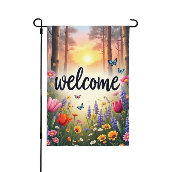 Welcome Spring Garden Flag Sunset Forest Flowers & Butterflies Double Sided 12x18 Inch Yard Flag Outdoor Decor
