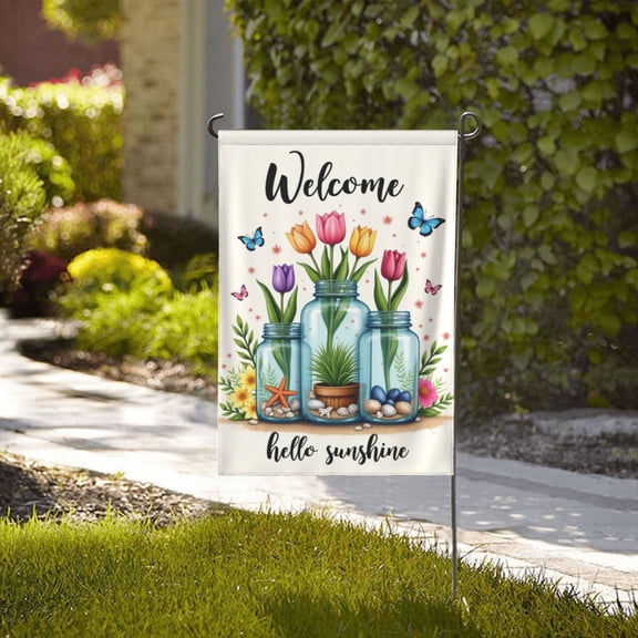 Welcome Spring Garden Flag Tulips Butterflies Mason Jars Double Sided 12x18 Inch Hello Sunshine Spring Summer Yard Outdoor Decor