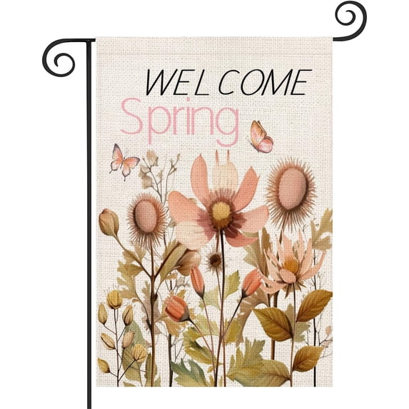 Welcome Spring Garden Flag Vertical Double-Sided Flower Butterfly Bloom Leaves Yard Flags Spring Farmhouse Outdoor Decoration for Spring Holiday, 12.5x18