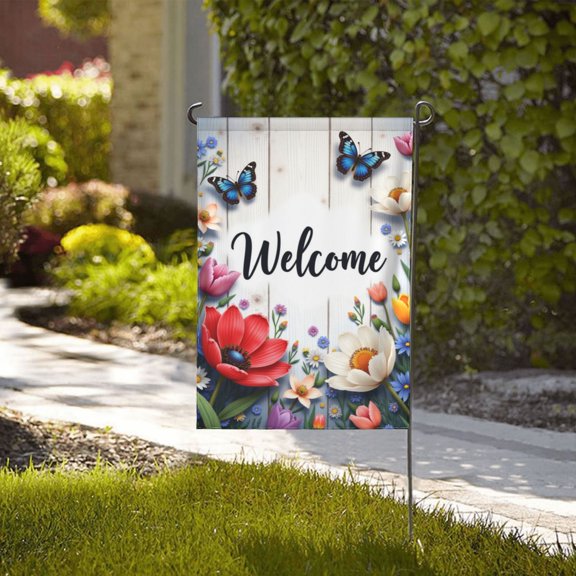 Welcome Spring Garden Flag With Flowers And Butterflies Double Sided 12x18 Inch Yard Flag Outdoor Seasonal Decor For House Patio Lawn
