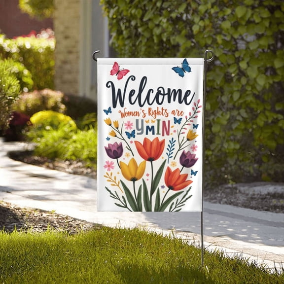 Welcome Spring Garden Flag Women's Rights Are Human Rights Floral Butterfly Tulip Double Sided 12x18 Inch Yard House Outdoor Decoration