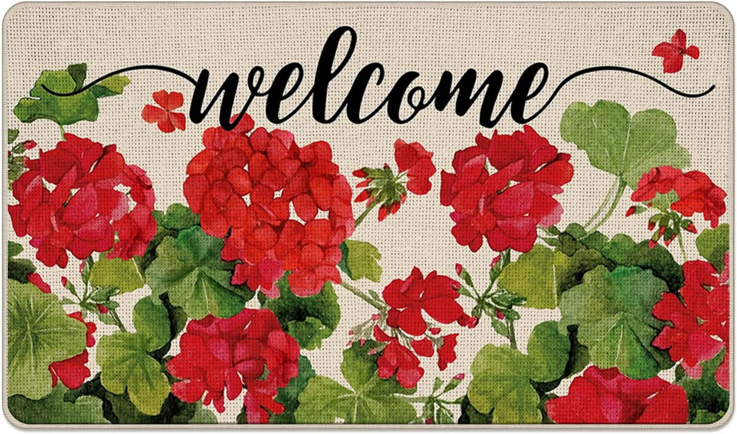 Welcome Spring Geranium Decorative Front Door Mat, Red Floral Flowers Doormat Indoor Outdoor Non-Slip Floor Entryway Rug, Seasonal Summer Home Kitchen Decoration 17x29 Inch