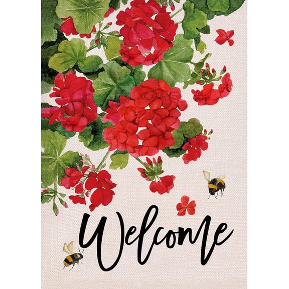 Welcome Spring Geranium Decorative Garden Flag, Red Floral Flowers Bee Yard Outside Decorations, Summer Farmhouse Outdoor Small Home Decor Double Sided 12.5 x 18