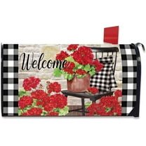 Welcome Spring Geranium Flower Mailbox Cover Magnetic Standard Size 20.5" x 18", Red Floral Buffalo Plaid Check Post Letter Box Wrap Decor Summer Farmhouse Garden Yard Outdoor Decoration