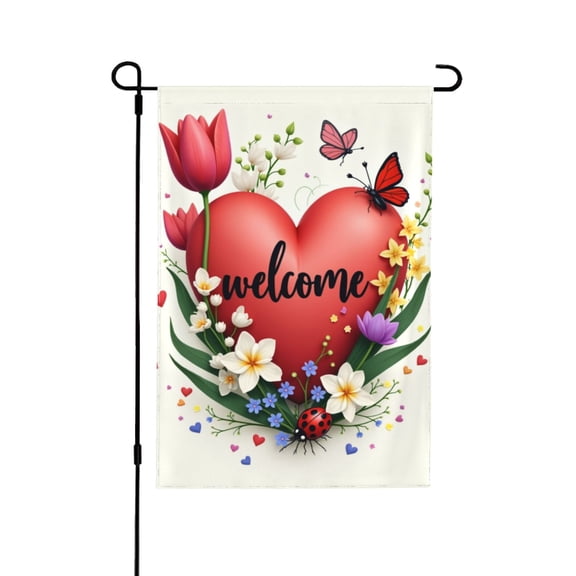 Welcome Spring Heart Garden Flag 12x18 Inch Double Sided Floral Butterfly Ladybug Flowers Yard Flag Outdoor Decoration