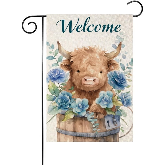 Welcome Spring Highland Cow Garden Flag Double Sided Polyester 12x18 Inch Farmhouse Patio Blue Rose Outdoor Yard Flag