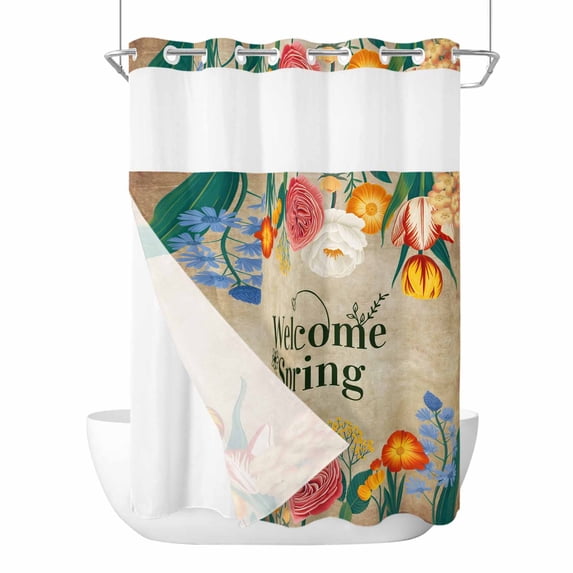 Welcome Spring No Hooks Shower Curtain with Snap-in Liner Watercolor Flowers Farmhouse Green Leaves Vintage Shower Curtains for Bathroom, Waterproof, Easy Install, Washable 60"x72"
