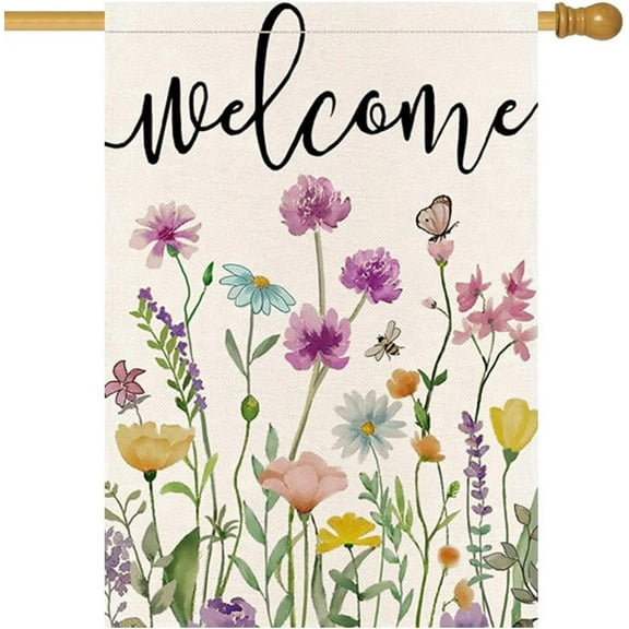 Welcome Spring House Flag 28x40 Inch Double Sided for Outside Farmhouse Large Seasonal Garden Flags Outdoor Butterfly Colorful Flower Decoration 2-c.28