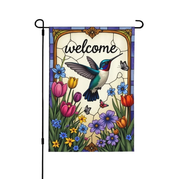 Welcome Spring Hummingbird Garden Flag DoubleSided 12x18 Inch Stained Glass Floral Design With Butterflies, Tulips, And Flowers, Outdoor Yard Decor