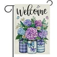 thumbnail image 1 of Welcome Spring Hydrangea Flower Garden Flag Double Sided, Mason Jar Purple Floral Daisy Decorative Yard Outdoor Home Small Decor, Butterfly Summer Burlap Outside House Decoration 12.5 x 18, 1 of 6