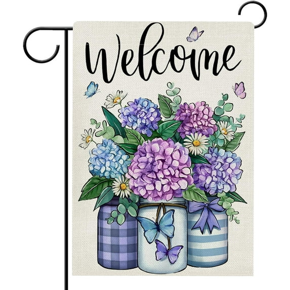 Welcome Spring Hydrangea Flower Garden Flag Double Sided, Mason Jar Purple Floral Daisy Decorative Yard Outdoor Home Small Decor, Butterfly Summer Burlap Outside House Decoration 12.5 x 18