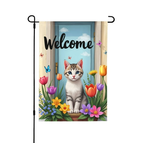 Welcome Spring Kitten Garden Flag 12x18 Inch Double Sided， Cute Cat With Flowers & Butterflies， Seasonal Spring Summer Yard Outdoor Decor， Farmhouse Patio Banner