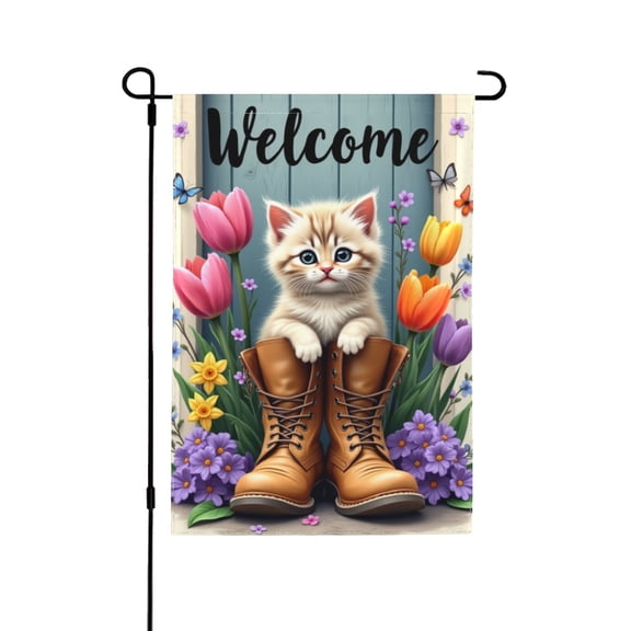 Welcome Spring Kitten Garden Flag 12x18 Inch Double Sided Cute Kitty In Boots Floral Spring Garden Yard Flag Outdoor Decoration