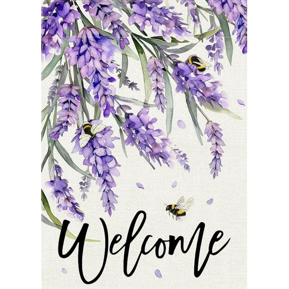 Welcome Spring Lavender Decorative Garden Flag, Purple Floral Flowers Bee Yard Outside Decorations, Summer Farmhouse Outdoor Small Home Decor Double Sided 12.5 x 18