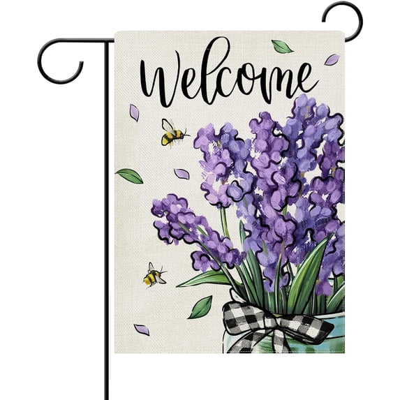Welcome Spring Lavender Flower Decorative Garden Flag, Purple Floral Mason Jar Bee Yard Outside Home Decorations, Summer Farmhouse Burlap Outdoor Small Decor Double Sided 12 x 18