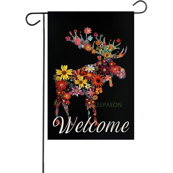 Welcome Spring Moose Garden Flag 12x18 Double Sided, Linen Small Flower Garden Yard Black House Flags Outside Outdoor Summer Porch Lawn Decoration (2399)