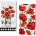 thumbnail image 1 of Welcome Spring Poppy Flower Kitchen Dish Towel Set of 2, Red Floral Hand Towel Buffalo Plaid Check Drying Baking Cooking Cloth, Watercolor Summer Seasonal Kitchen Decor 18x26 Inches, 1 of 6