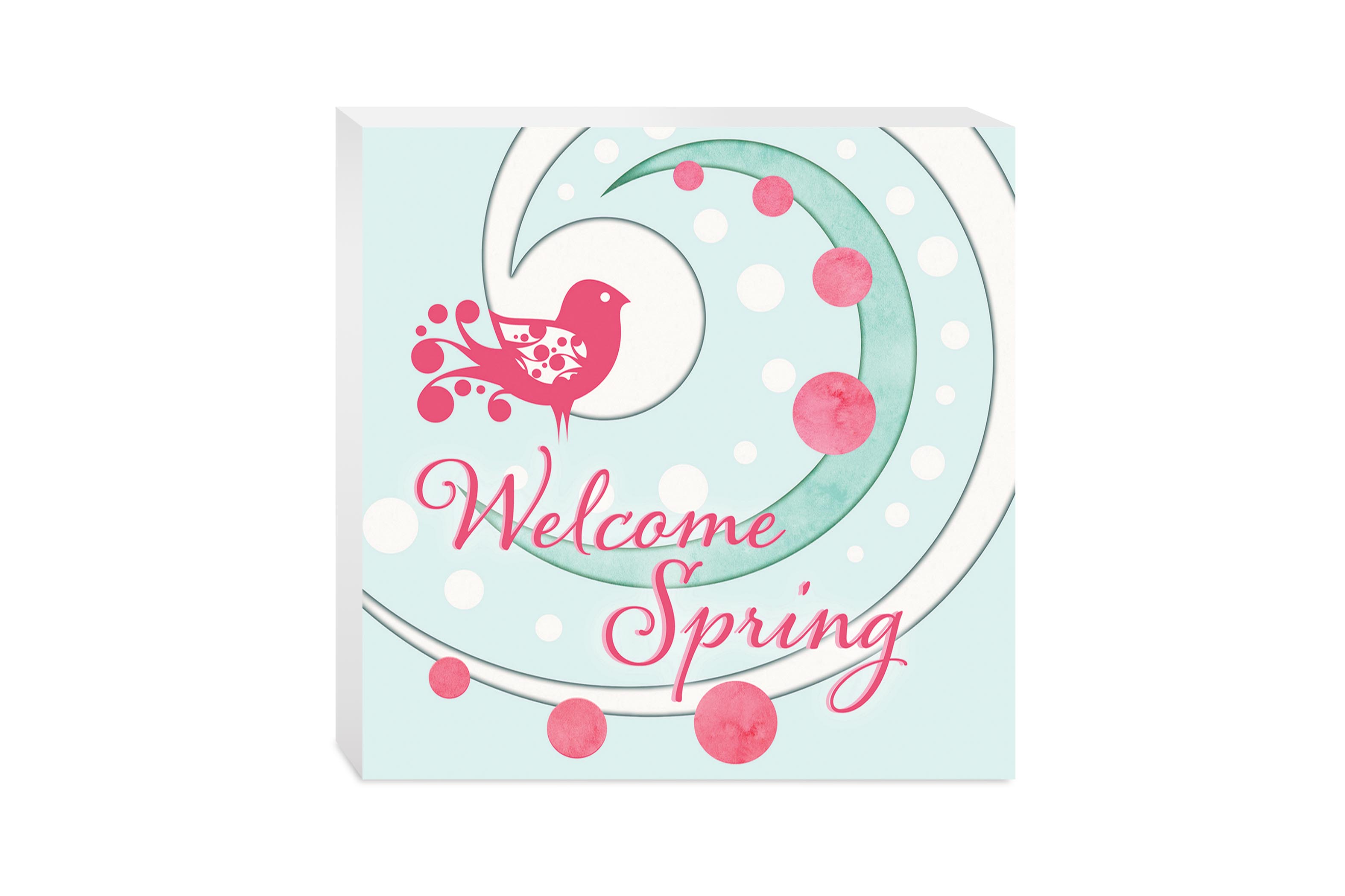 Welcome Spring Sky Blue Deep Pink Bird 10 x 10 Wood Tabletop Sign ...