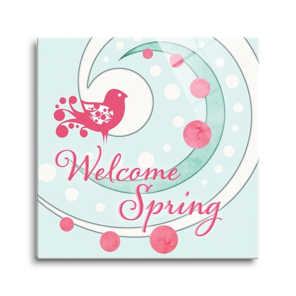 Welcome Spring Sky Blue Deep Pink Bird 12 x 12 Glass Wall Hanging Sign