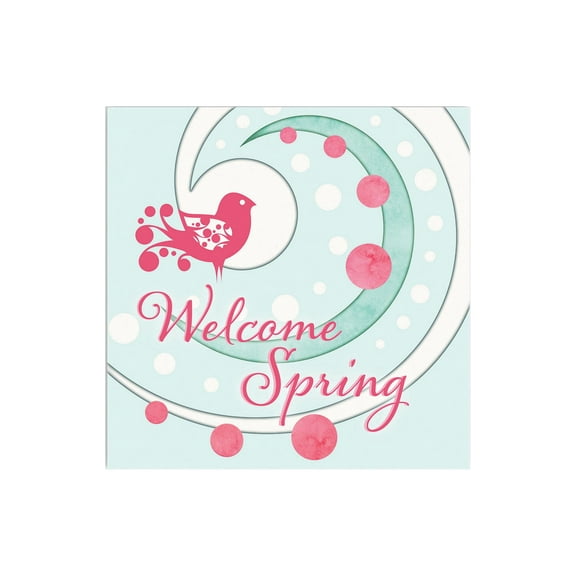 Welcome Spring Sky Blue Deep Pink Bird 12 x 12 Wood Wall Sign Plaque