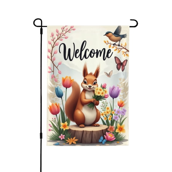 Welcome Spring Squirrel Garden Flag 12x18 Inch Double Sided Outdoor Decor, Flower Butterfly Squirrel Yard Flag House Seasonal Farmhouse Decoration