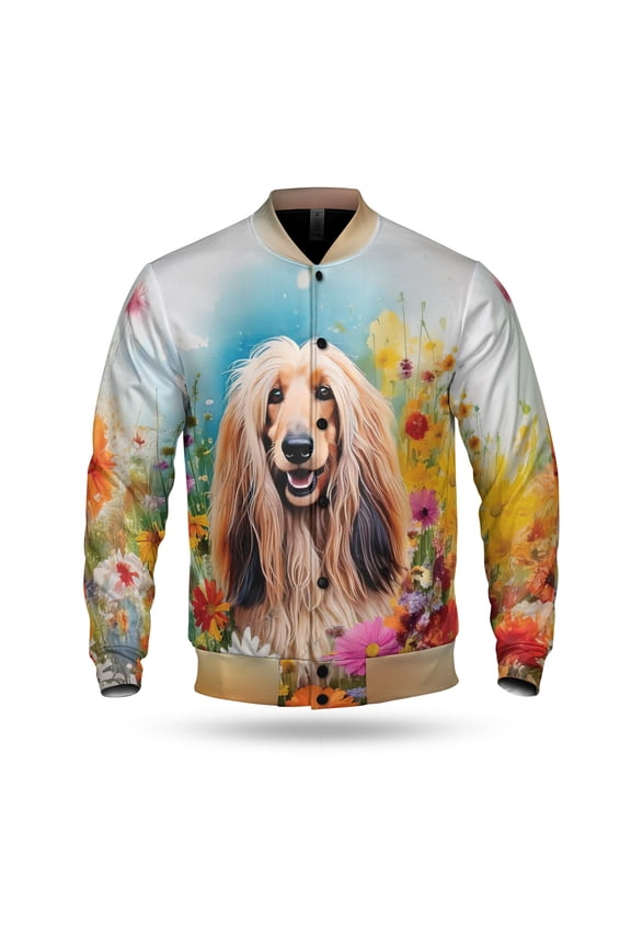 Welcome Spring Summer Afghan Hound Portrait Flower Blue Sky All Over Print 3D Baseball Jacket Dog Lover Bomber Jacket Softball - 12001