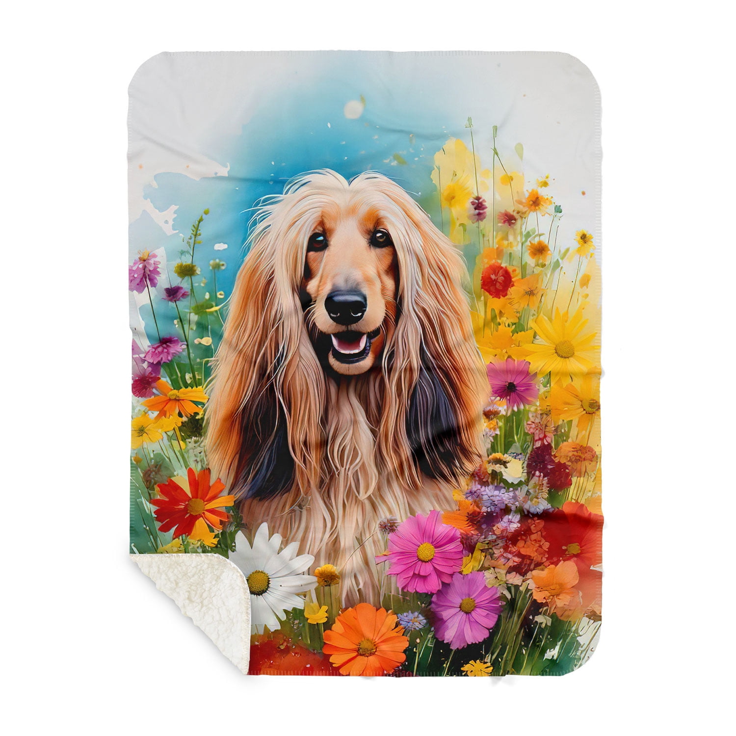 Welcome Spring Summer Afghan Hound Portrait Flower Blue Sky Cozy Sherpa Blanket Dog Lover Warm Soft Throw Blanket - 12001