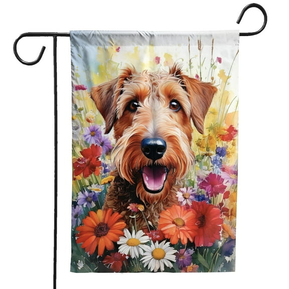 Welcome Spring Summer Airedale Terrier Portrait Flower Blue Sky Garden Flag 12x18in Double Sided Dale Waterside Dog Lover Outdoor Decor - 12001