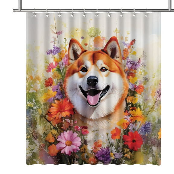 Welcome Spring Summer Akita Portrait Flower Blue Sky Shower Curtain Inu Dog Lover Waterproof Bathroom Bathtub Curtain - 12001