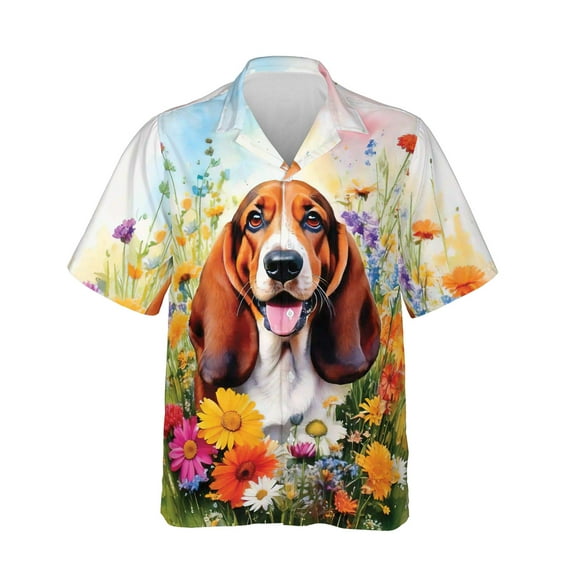 Welcome Spring Summer Basset Hound Portrait Flower Blue Sky Hawaiian Shirt Breathable Summer Unisex Merch Bassets Dog Breed Lovers Gifts Idea - 12001