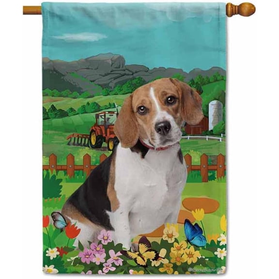 Welcome Spring Summer Beagle House Flag Dog Flowers Butterflies Farm Village Home Decor Banner for Outside Double Side 28X40 Inch