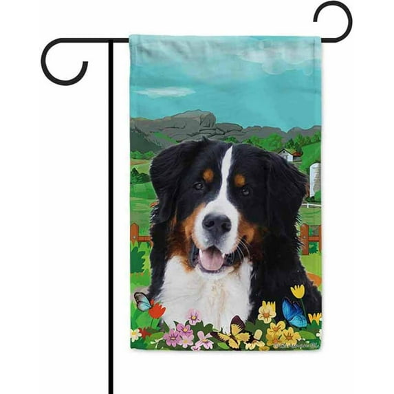 Welcome Spring Summer Bernese Garden Flag Dog Flowers Butterflies Farm Village Home Decor Banner for Outside Double Side 12.5X18 Inch