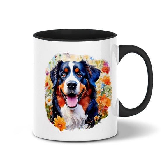 Welcome Spring Summer Bernese Mountain Dog Portrait Flower Blue Sky 11oz Accent Two-tone Mug Berner Lover Gifts Coffee Tea Cup - 12001