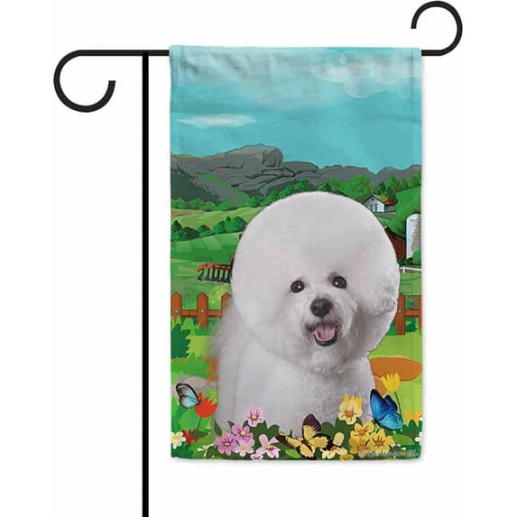 Welcome Spring Summer Bichon Frise Garden Flag Dog Flowers Butterflies Farm Village Home Decor Banner for Outdoor Double Side 12.5X18 Inch