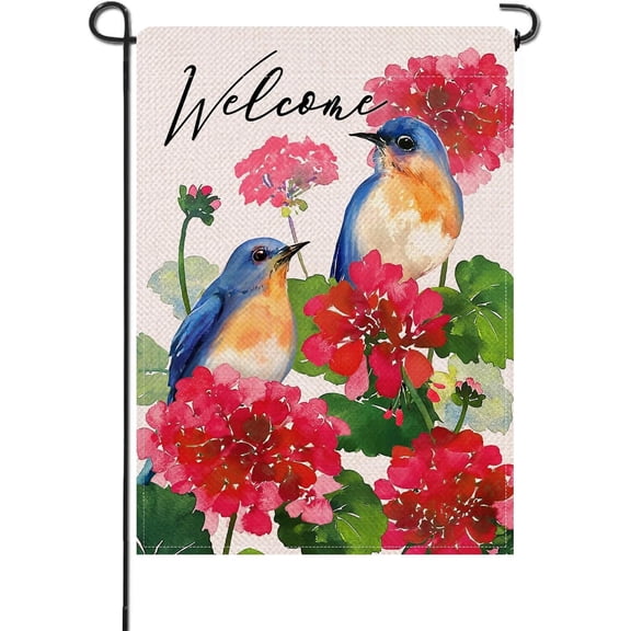 Welcome Spring Summer Bluebirds Geranium Flower Small Decorative Garden Flag, Red Floral Yard Lawn Outside Decor, Seasonal Burlap Outdoor Home Decoration Double Sided 12 x 18
