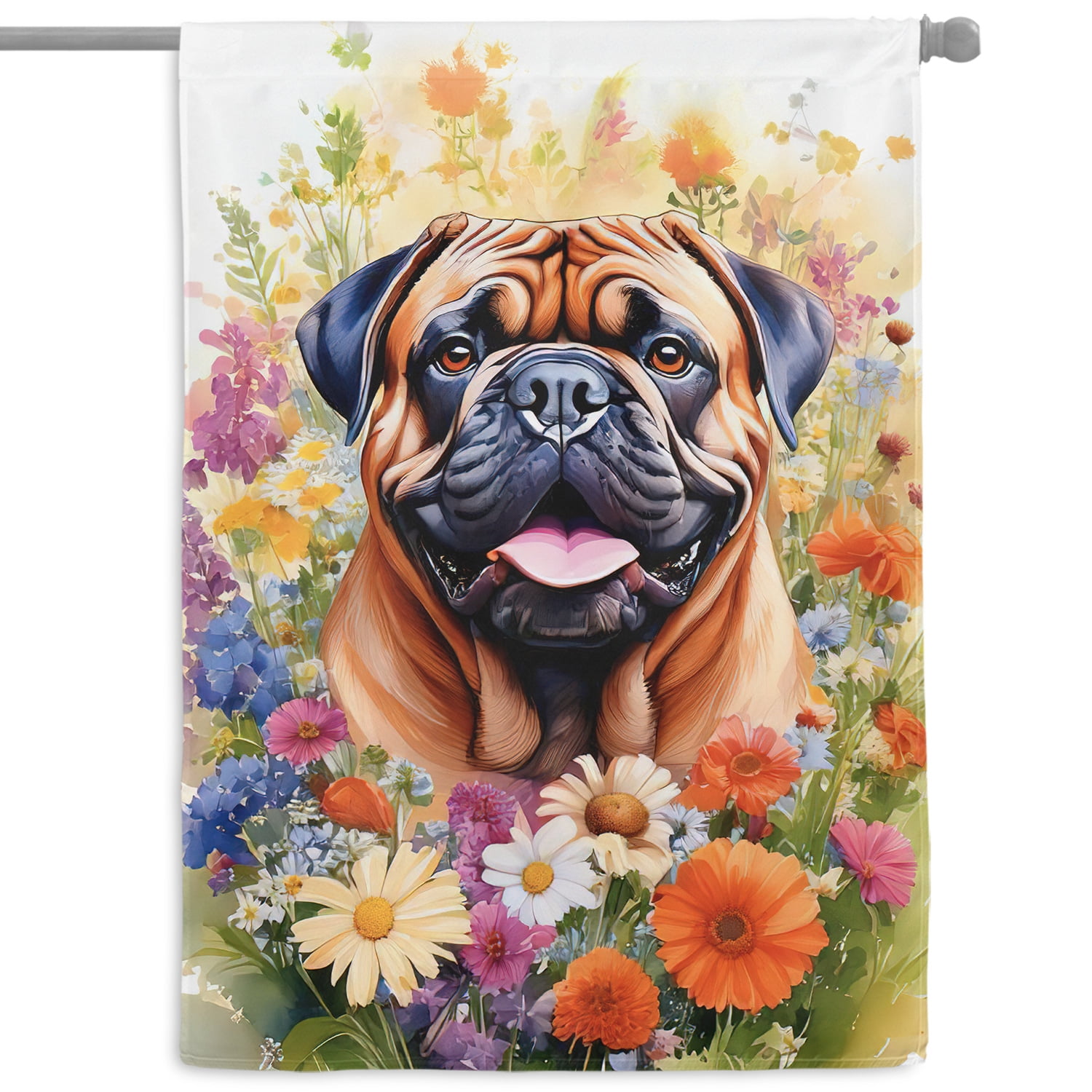 Welcome Spring Summer Bullmastiff Portrait Flower Blue Sky House Flag 28x40in Double Sided Dog Lover Outdoor Decor - 12001