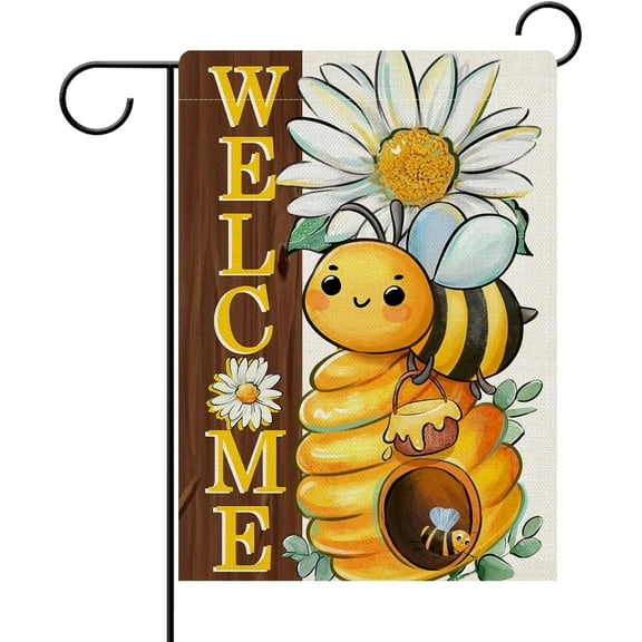Welcome Spring Summer Bumble Bee Decorative Garden Flag, Daisy Flower Honeycomb Yard Outside Home Decorations, Farmhouse Honey Floral Burlap Outdoor Small Decor Double Sided 12.5 x 18