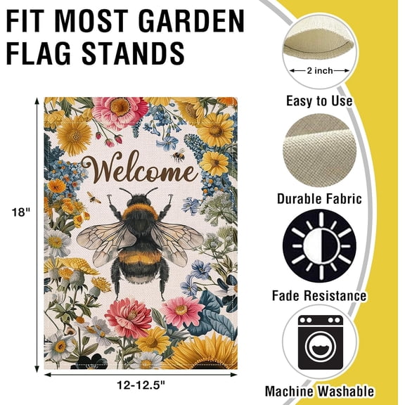 Welcome Spring Summer Bumble Bee Small Decorative Garden Flag, Honeybee Flower Floral Yard Lawn Outside Decor, Vintage Botanical Seasonal Burlap Outdoor Home Decoration Double Sided 12 x 18